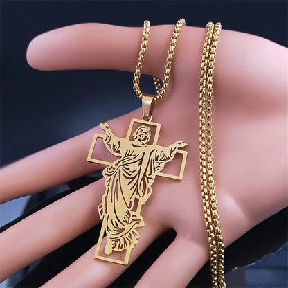 Stainless Steel Jesus Religious Cross Pendant with 24" Rolo Chain Necklace