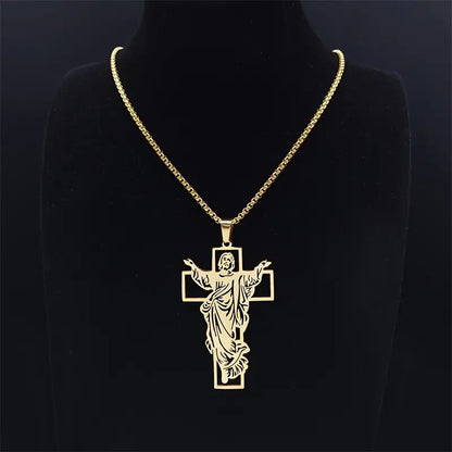 Stainless Steel Jesus Religious Cross Pendant with 24" Rolo Chain Necklace