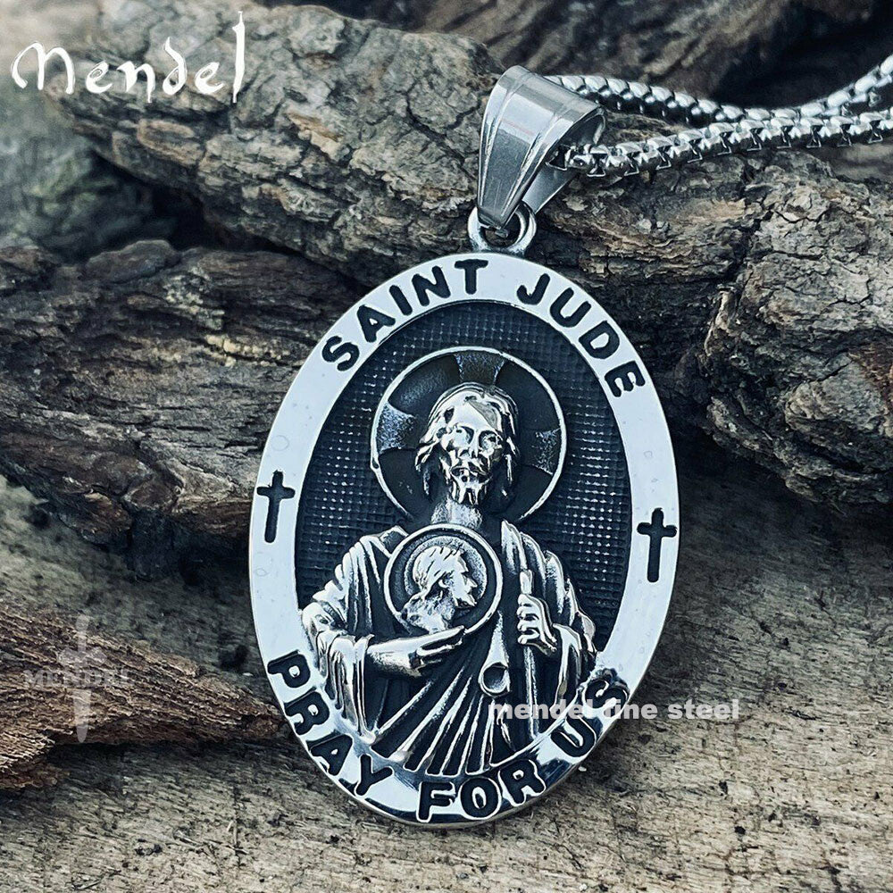 Mendel Men's Catholic Jesus Christ and Saint Jude Pendant Necklace in Stainless Steel