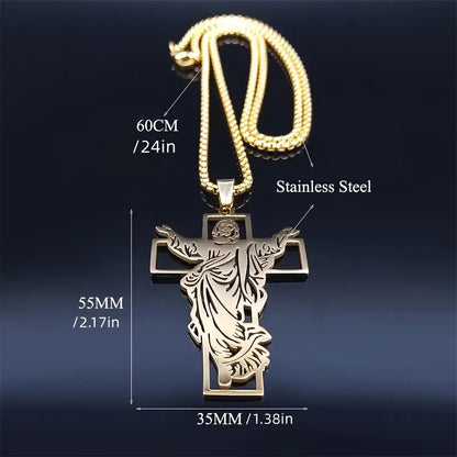 Stainless Steel Jesus Religious Cross Pendant with 24" Rolo Chain Necklace