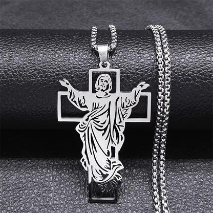 Stainless Steel Jesus Religious Cross Pendant with 24" Rolo Chain Necklace