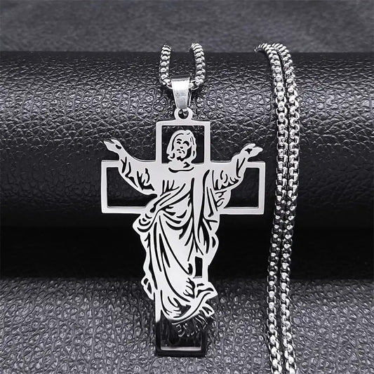 Stainless Steel Jesus Religious Cross Pendant with 24" Rolo Chain Necklace