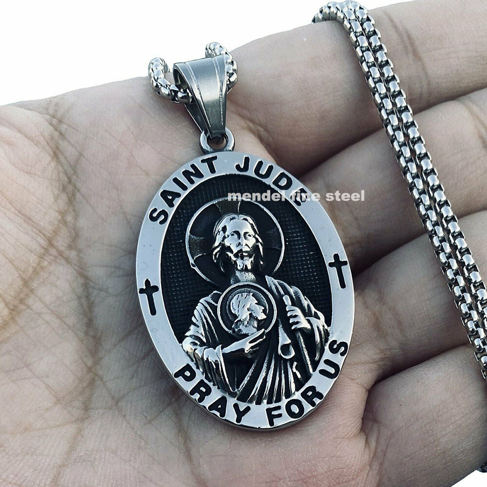 Mendel Men's Catholic Jesus Christ and Saint Jude Pendant Necklace in Stainless Steel