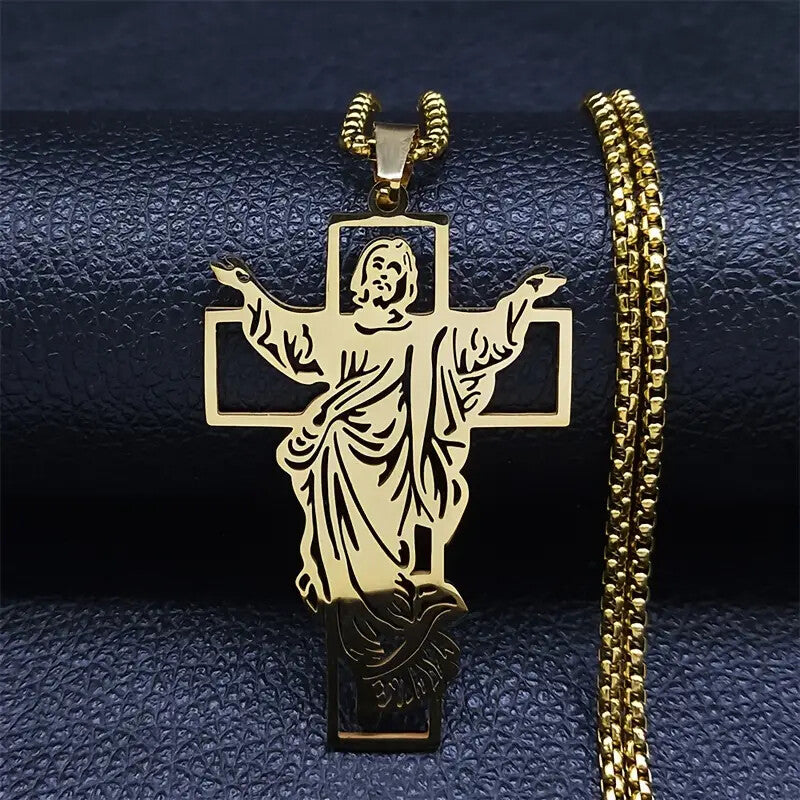 Stainless Steel Jesus Religious Cross Pendant with 24" Rolo Chain Necklace