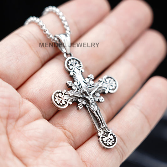 MENDEL Men's Stainless Steel Jesus Christ Crucifix Cross Pendant Necklace