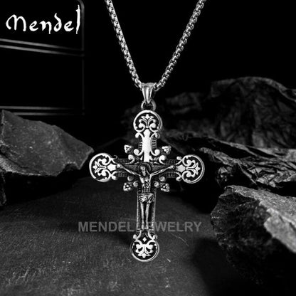 MENDEL Men's Stainless Steel Jesus Christ Crucifix Cross Pendant Necklace