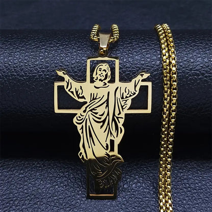 Stainless Steel Jesus Religious Cross Pendant with 24" Rolo Chain Necklace
