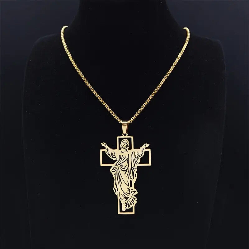 Stainless Steel Jesus Religious Cross Pendant with 24" Rolo Chain Necklace