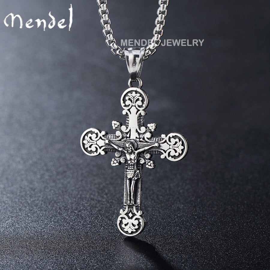 MENDEL Men's Stainless Steel Jesus Christ Crucifix Cross Pendant Necklace