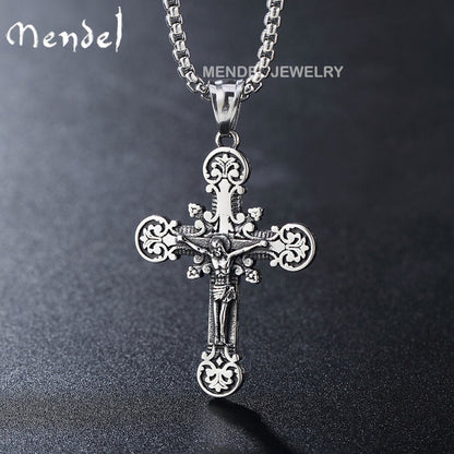 MENDEL Men's Stainless Steel Jesus Christ Crucifix Cross Pendant Necklace