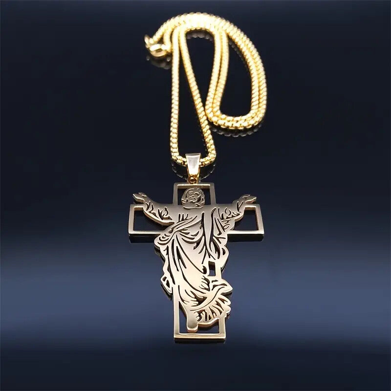 Stainless Steel Jesus Religious Cross Pendant with 24" Rolo Chain Necklace